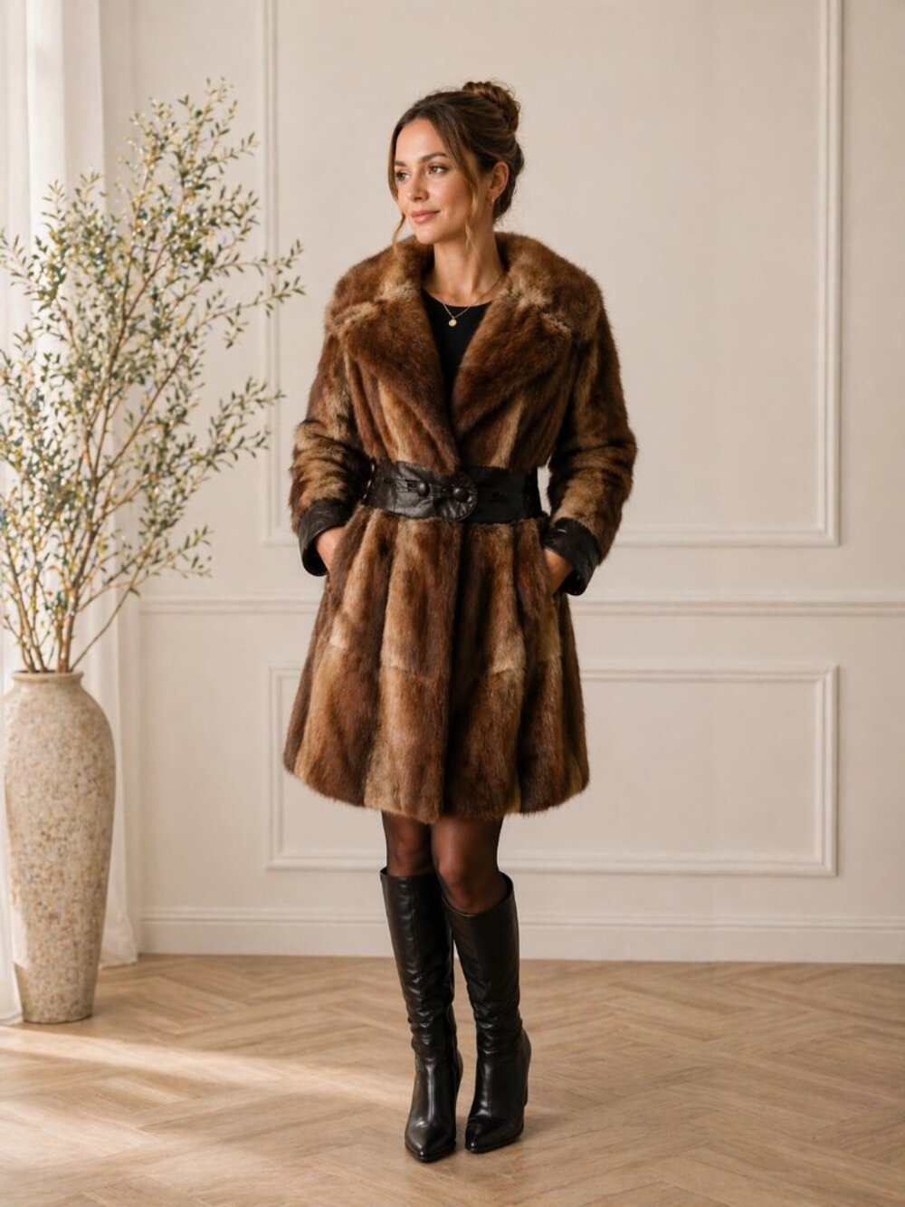 Vintage Genuine Fur Coat Attached Belt Rich Brown Tones Elegant Statement Piece